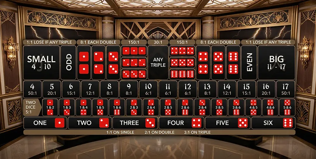 Full Lightning Sic Bo betting grid layout with Small, Big, totals and single number bets