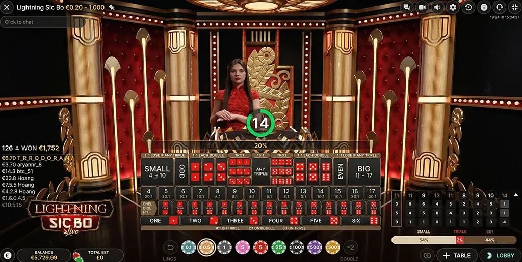 Lightning Sic Bo live table with dealer, betting grid and round timer