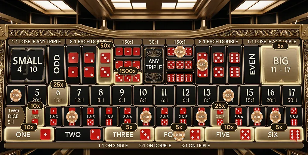 Lightning Sic Bo betting grid showing 1500x, 50x and 25x multipliers on spots
