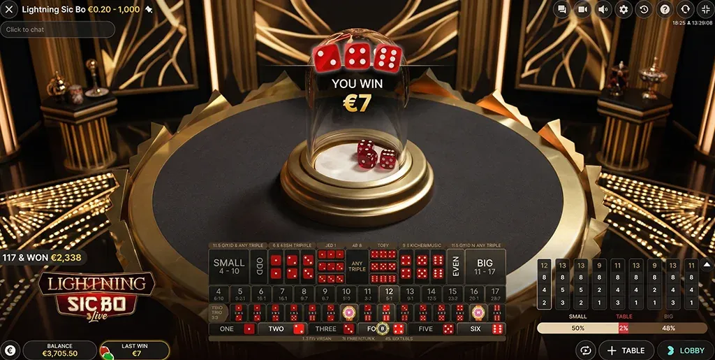 Lightning Sic Bo win screen showing three dice under the dome and a payout